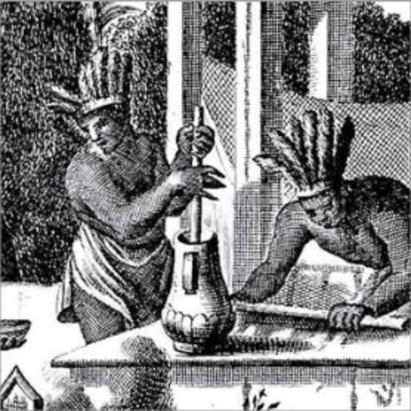 Line drawing of Mayans making hot chocolate in a clay vessel | Velvetiser by Hotel Chocolat