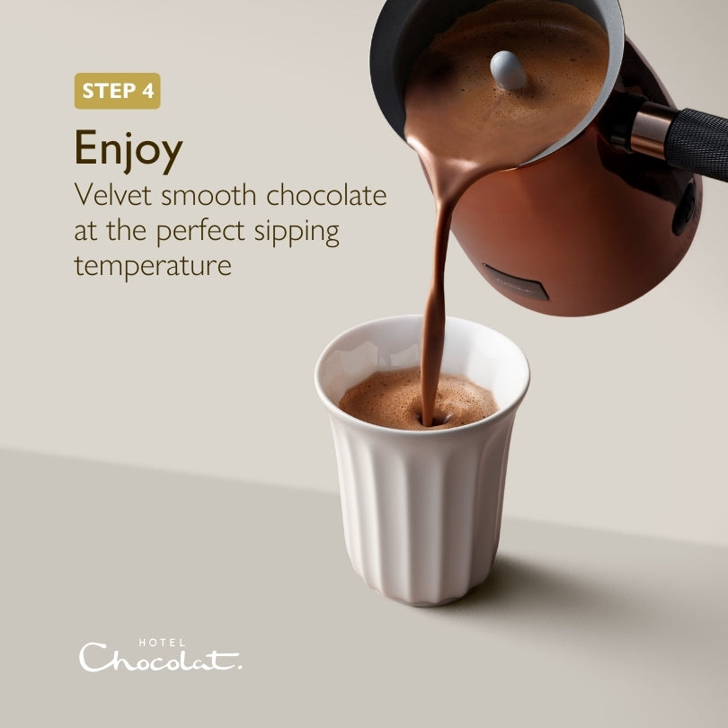 image of white velvetiser hot chocolate maker with caption about its iconic styling.