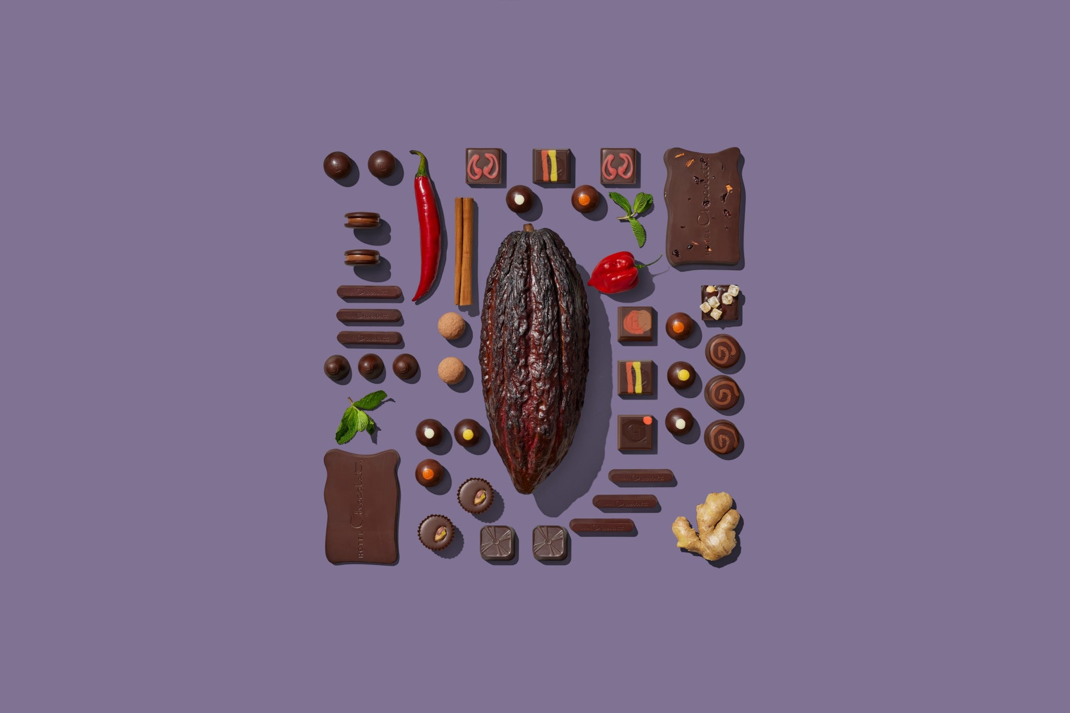 Chocolate, cacao pods, and various ingredients from the Serious Dark Fix love match laid on a flat surface, arranged in the shape of a square.