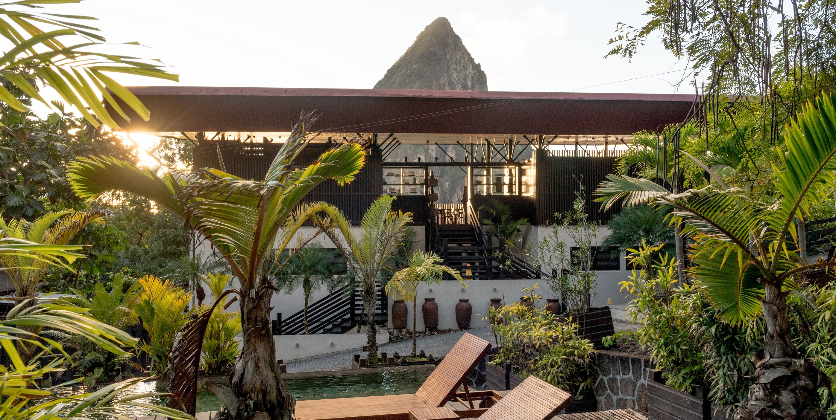 Hotel Chocolat Rabot Restaurant in Saint Lucia. Open air restaurant with view over rainforest and Piton Mountain. 