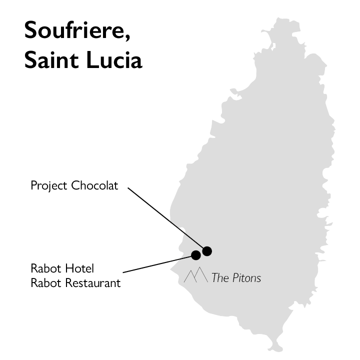 Map of Saint Lucia showing location of Rabot Hotel & Project Chocolat in the south 
