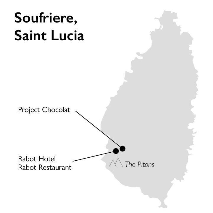 Map of Saint Lucia showing location of Rabot Hotel & Project Chocolat in the south