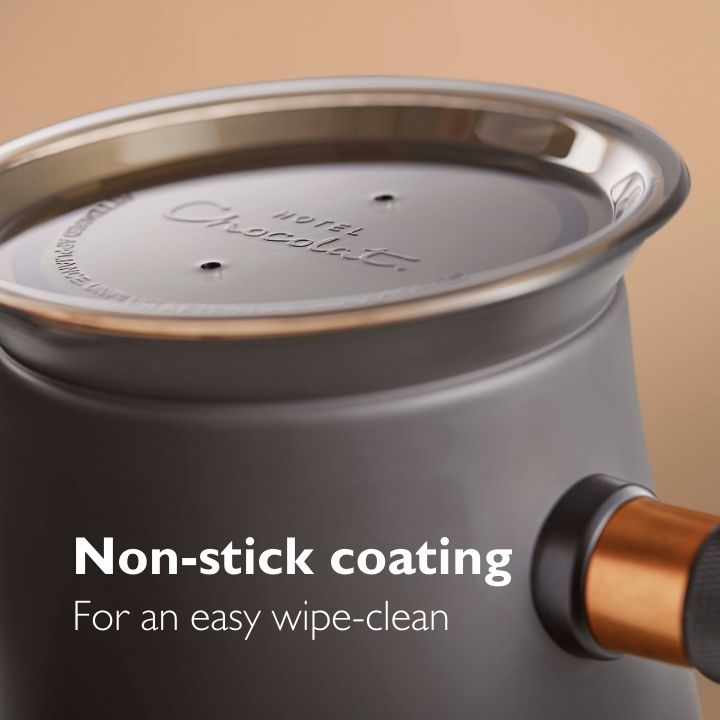Image of the Velvetiser hot chocolate maker with caption about its non-stick coating