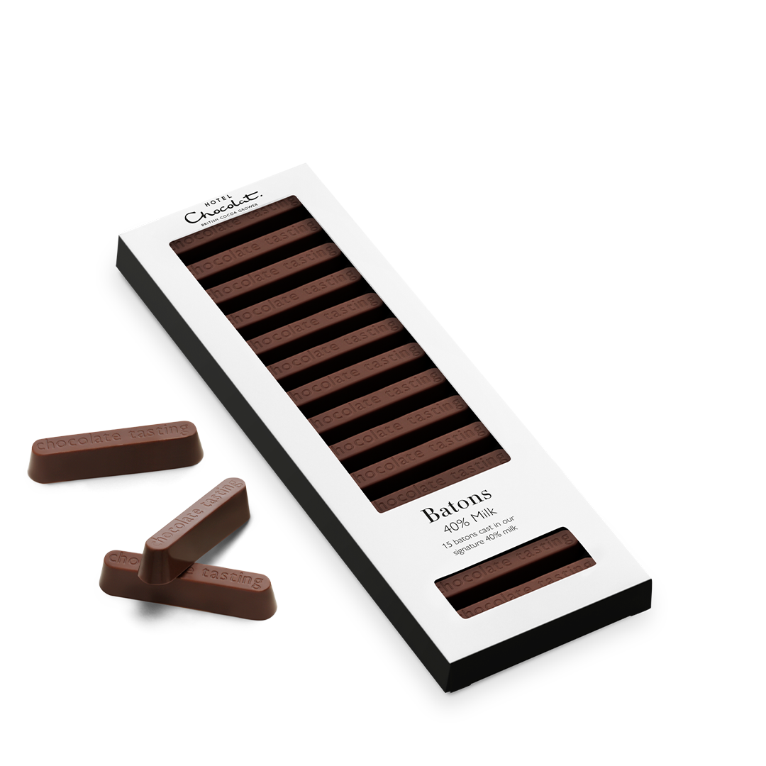 40% Milk Chocolate Batons in and out of packaging.