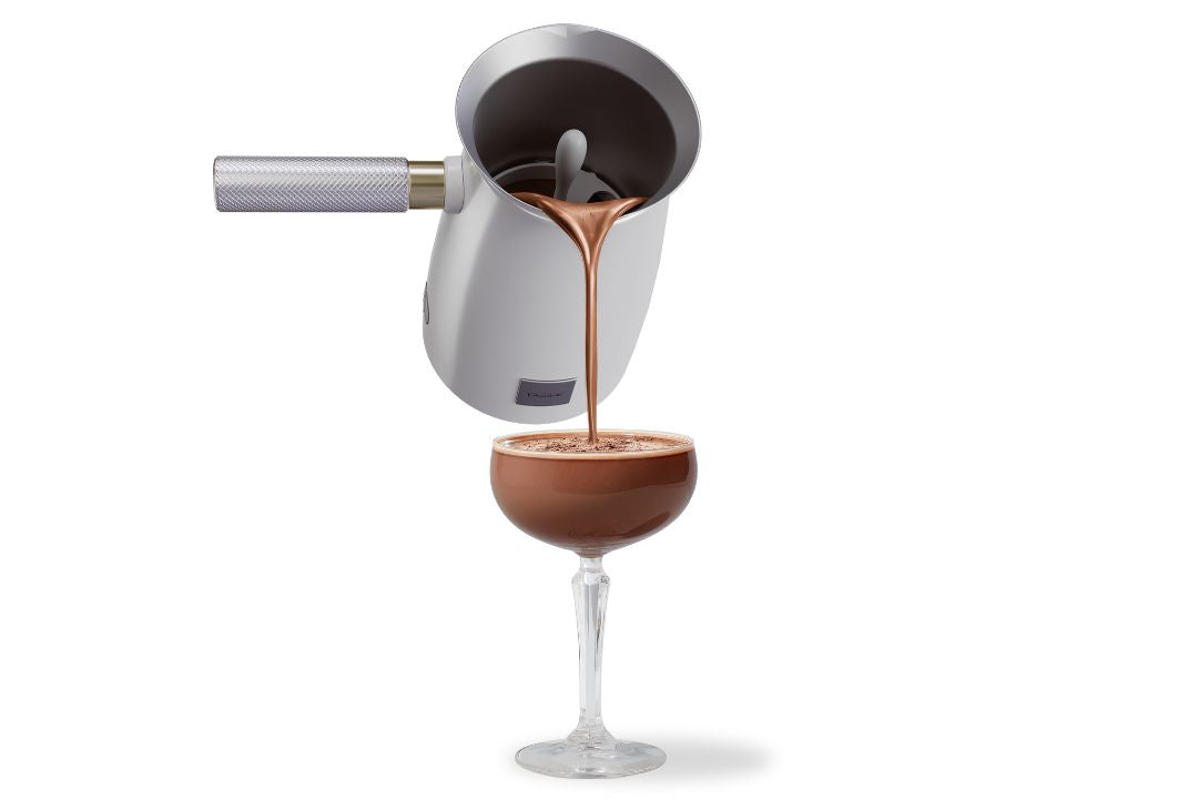 Closeup of a Hot Chocolate cocktail on white background | Velvetiser hot chocolate maker  Hotel Chocolat