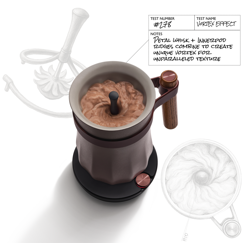 Velvetiser hot chocolate maker showing the vortex effect on a transparent background