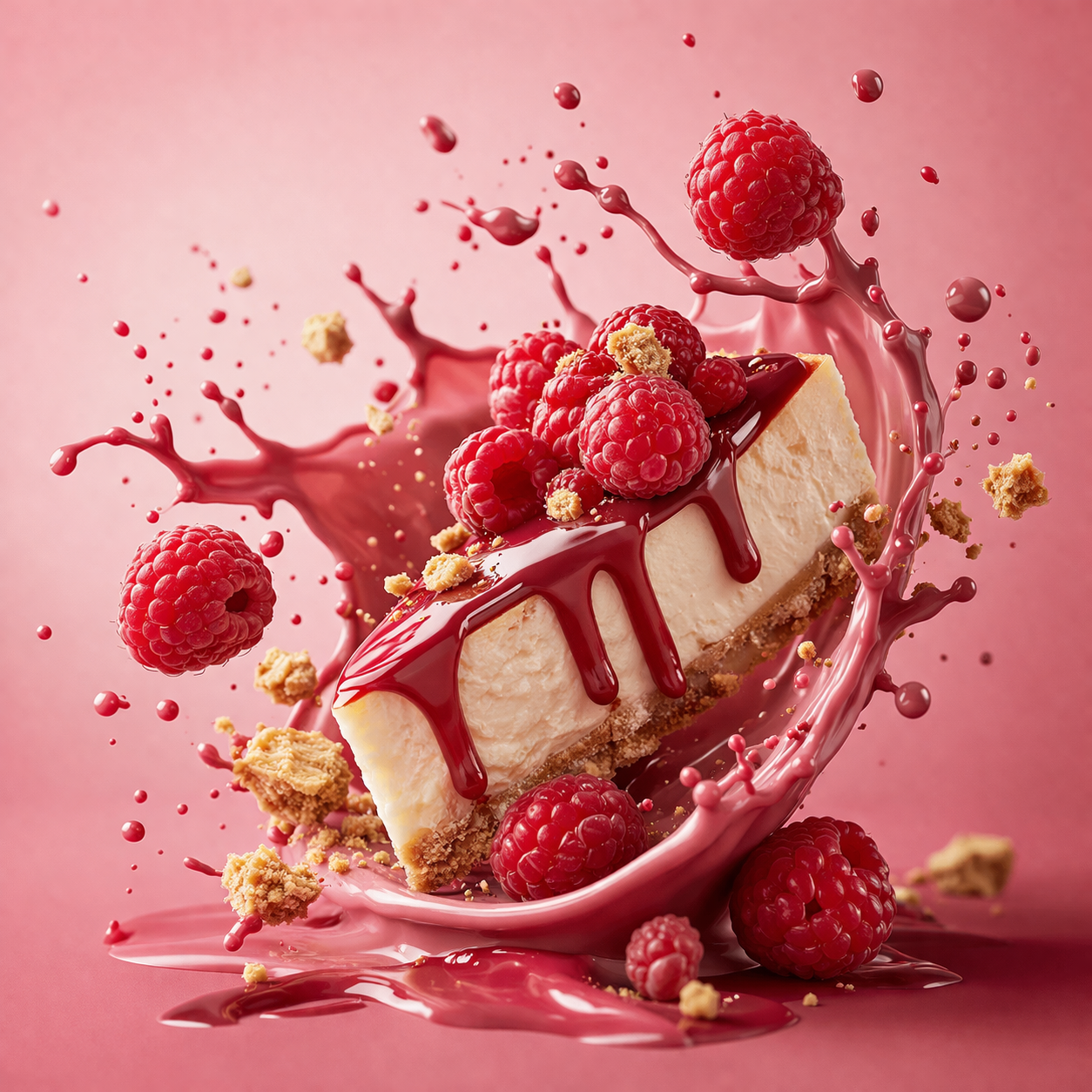 Raspberries swirl around a slice of cheesecake.