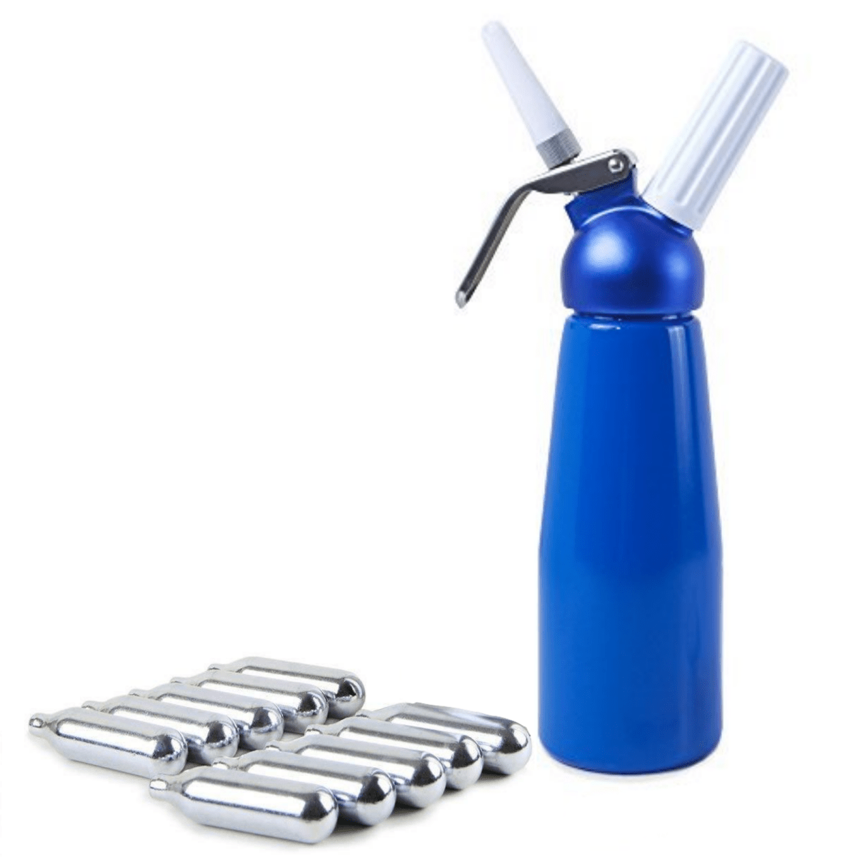 ICO Blue Aluminum Whipped Cream Maker Dispenser (1 Pint/0.5L) - Hotel Chocolat - with 10 Chargers - Impeccable-O - Whipper- Color