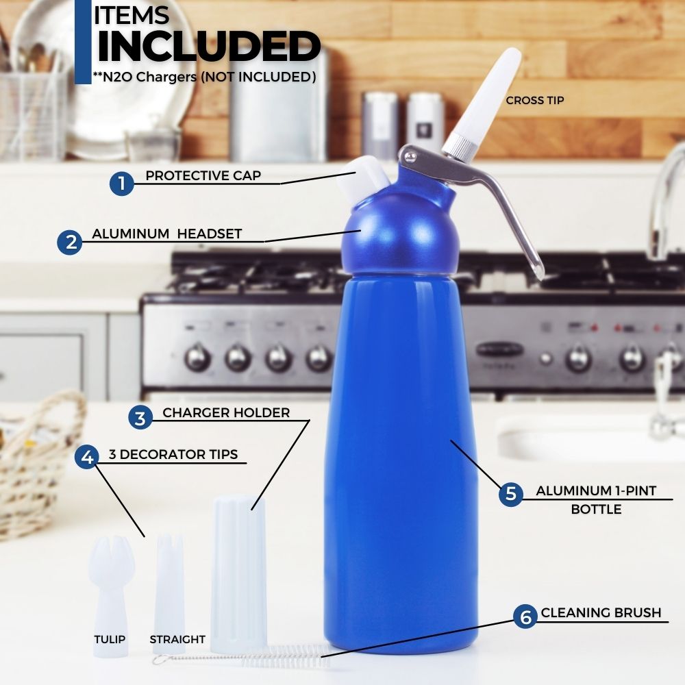 ICO Blue Aluminum Whipped Cream Maker Dispenser (1 Pint/0.5L) - Hotel Chocolat - without Chargers - Impeccable-O - Whipper- Color