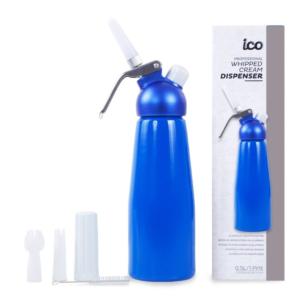 ICO Blue Aluminum Whipped Cream Maker Dispenser (1 Pint/0.5L) - Hotel Chocolat - without Chargers - Impeccable-O - Whipper- Color