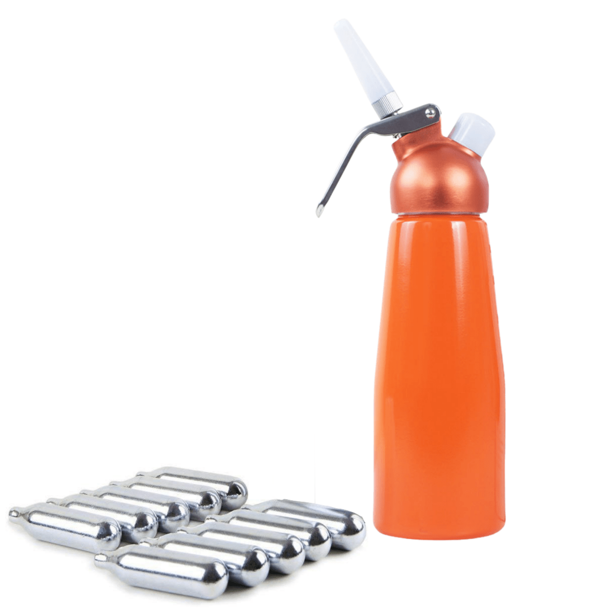 ICO Orange Aluminum Whipped Cream Maker Dispenser (1 Pint/0.5L) - Hotel Chocolat - with 10 Chargers - Impeccable-O - Whipper- Color