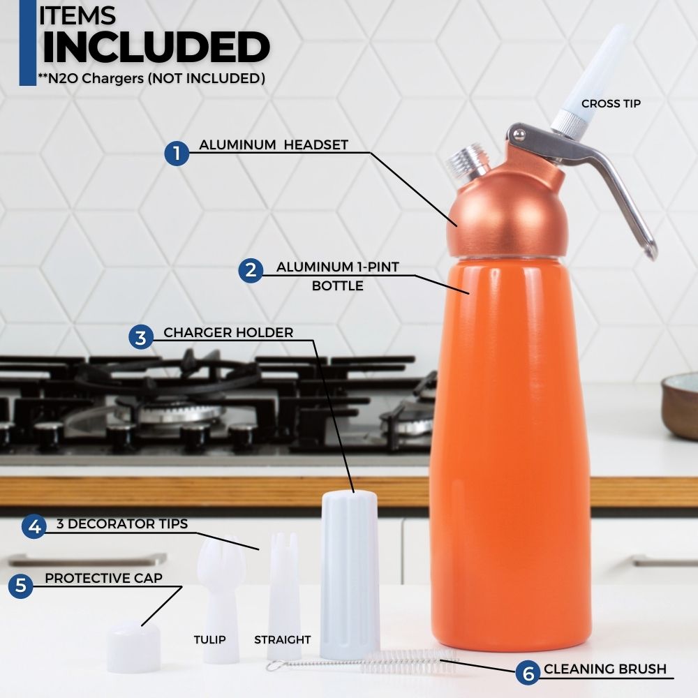 ICO Orange Aluminum Whipped Cream Maker Dispenser (1 Pint/0.5L) - Hotel Chocolat - without Chargers - Impeccable-O - Whipper- Color