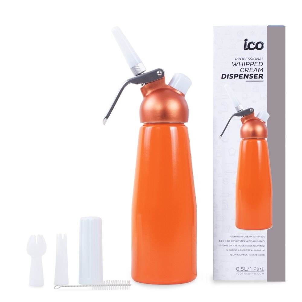 ICO Orange Aluminum Whipped Cream Maker Dispenser (1 Pint/0.5L) - Hotel Chocolat - without Chargers - Impeccable-O - Whipper- Color
