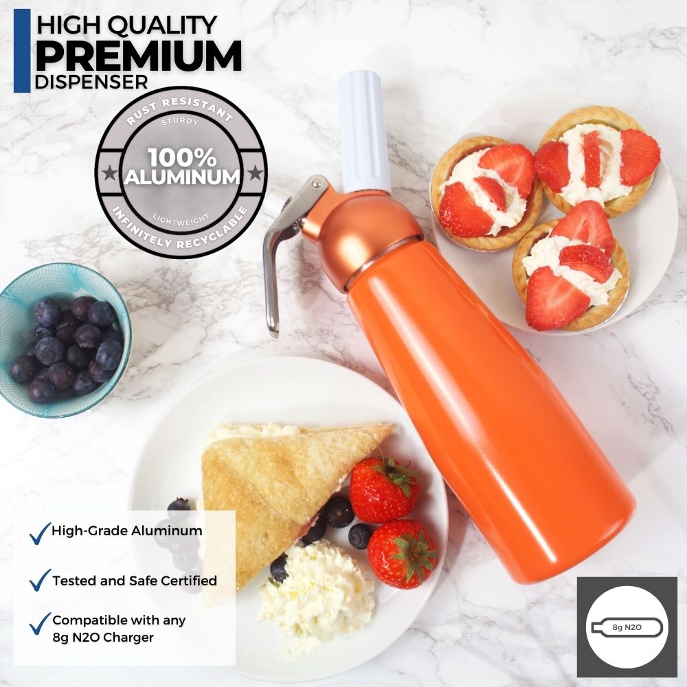 ICO Orange Aluminum Whipped Cream Maker Dispenser (1 Pint/0.5L) - Hotel Chocolat - without Chargers - Impeccable-O - Whipper- Color