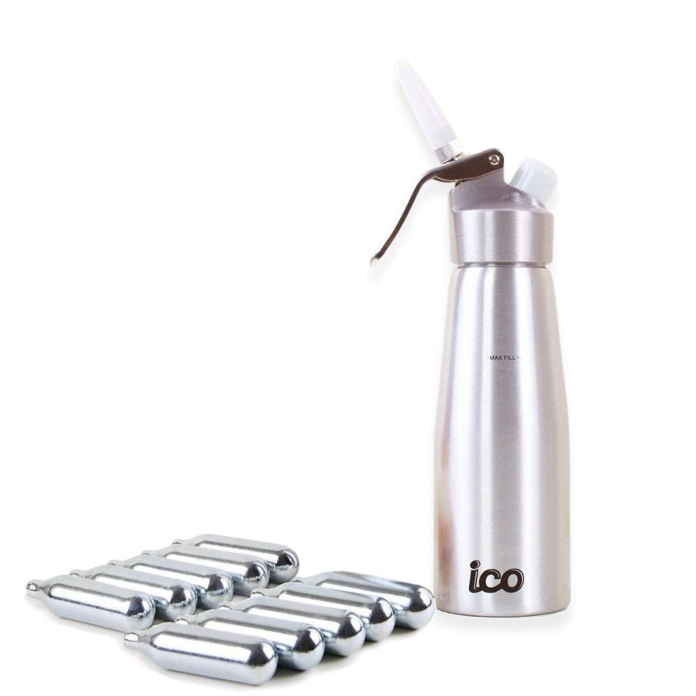 ICO Professional Aluminum Whipped Cream Maker Dispenser (1 Pint/0.5L) - Hotel Chocolat - with 10 Chargers - Impeccable - O