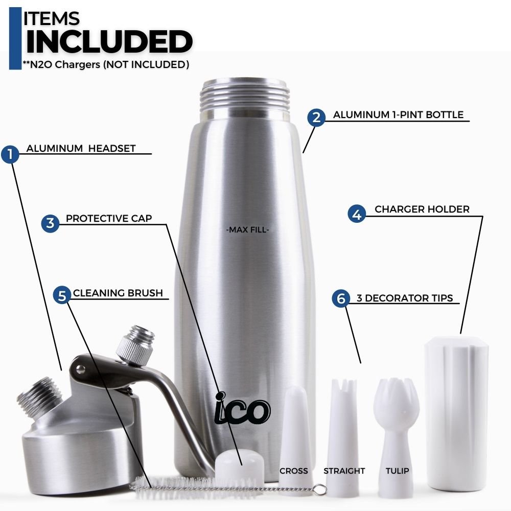 ICO Professional Aluminum Whipped Cream Maker Dispenser (1 Pint/0.5L) - Hotel Chocolat - without Chargers - Impeccable - O